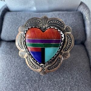 Vtg Quoc Turquoise QT Sterling Silver Multi Stone Inlay Ring Sz 7